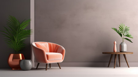 Fragment of modern minimalist living room in pastel pink and gray tones. Trendy armchair, coffee table, decorative houseplant in a floor pot. Creative interior design. Mockup, 3D rendering.の素材