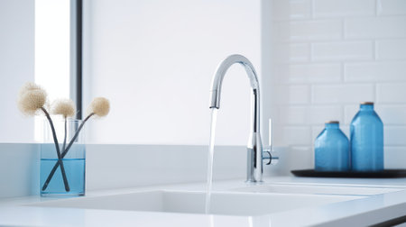 Fragment of a modern luxury kitchen with window and white wall on the background. White countertop with built-in sink, faucet with running water. Close-up. Contemporary interior design. 3D rendering.の素材
