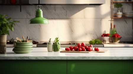 Interior of modern classic green kitchen with stunning light. Marble countertop and backsplash, vegetables and greenery, various crockery on shelves, vintage pendant lamp. Contemporary home design.の素材