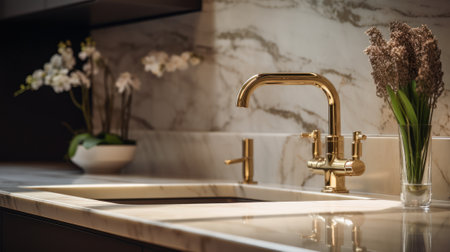 Fragment of a modern luxury kitchen. White marble countertop and backsplash, built-in sink, gold faucet and soap dispenser, flowers in vases. Close-up. Contemporary interior design. 3D rendering.の素材