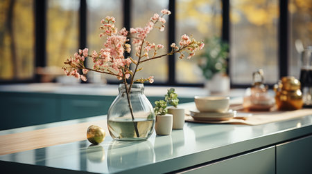 Fragment of modern kitchen with large window. Green facades and countertop, flowers in a vase, various crockery, home decor. Blurred background. Contemporary home design. 3D rendering.の素材