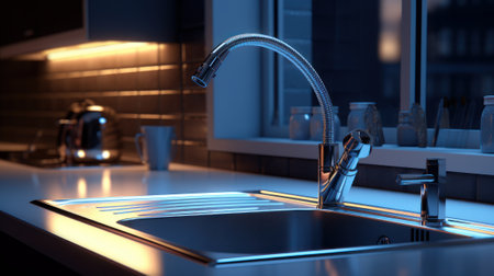Fragment of modern luxury kitchen in dusk light. Stone countertop with built-in sink, metal faucet in the foreground. Selective focus, blurred background. Contemporary interior design. 3D rendering.の素材