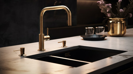Fragment of a modern luxury kitchen. Marble countertop with double built-in sink, gold faucet, black backsplash, decorative vases. Close-up. Contemporary interior design. 3D rendering.の素材