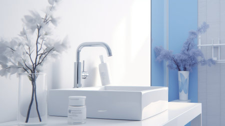 Fragment of a modern luxury bathroom with white walls. White countertop sink with chrome faucet, decorative vases. Close-up. Contemporary interior design. 3D rendering.の素材