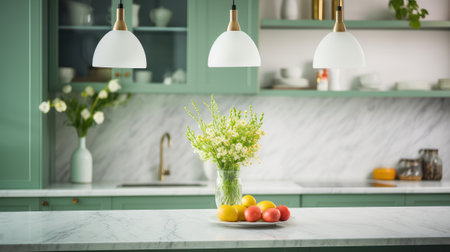 Interior of modern classic kitchen with green facades. Marble countertop and backsplash, flowers in vases, fresh fruits, various crockery, pendant lamps. Contemporary home design.の素材