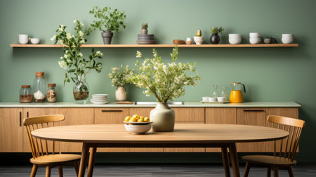Interior of modern classic green kitchen. Wooden facades, wooden dining table, flowers in vases, fresh fruits, various crockery on the shelves. Contemporary home design. 3D rendering.の素材