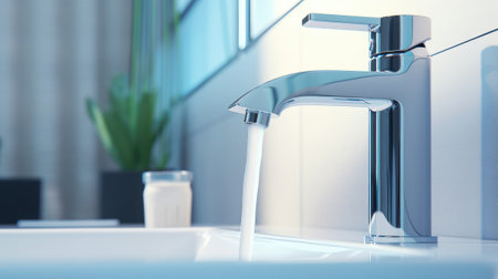 Close-up shot of water tap in modern luxury kitchen. White sink, chrome faucet with running water. Beautiful dramatic light, blurred background. Contemporary interior design. 3D rendering.の素材