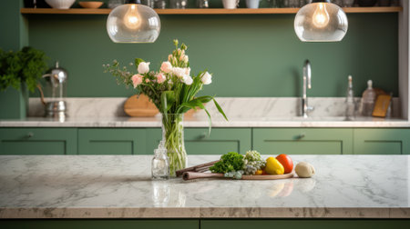 Interior of modern classic green kitchen with stunning light. Marble countertop and backsplash, flowers in a vase, fresh fruits, various crockery, vintage pendant lamps. Contemporary home design.の素材