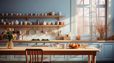 Interior of cozy vintage country style kitchen. Wooden dining table and chairs, light blue facades, open shelves with various crockery, flowers in a glass jar, large window. Contemporary home design.の素材