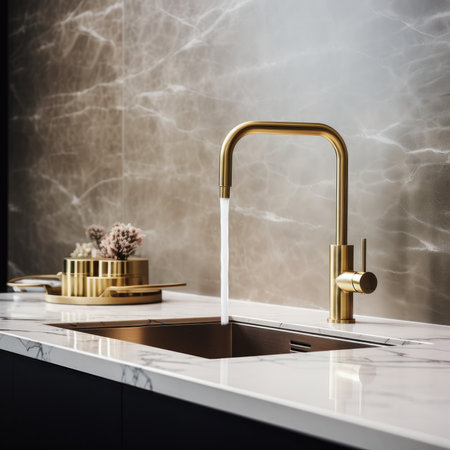 Fragment of a modern luxury kitchen. Marble countertop with built-in sink, gold faucet, black backsplash, flowers in a vase. Close-up. Contemporary interior design. 3D rendering.の素材