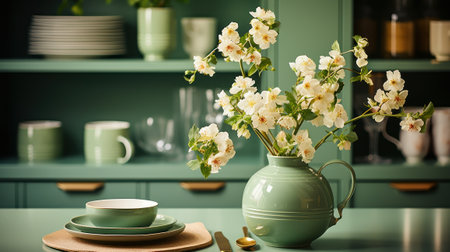 Fragment of modern classic green kitchen with table setting. Plates and cutlery, vase with flowering branch. Shelves with crockery in the background. Close-up. Contemporary home design. 3D rendering.の素材