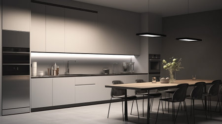 Modern minimalist kitchen interior. White flat facades, stone countertop, built-in home appliances, big fridge, work surface lighting. Dining area. Contemporary home design. 3D rendering.の素材