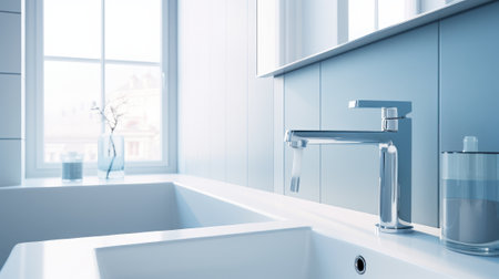 Fragment of a modern luxury bathroom with white tile walls. White wall-hung cabinet with sink, chrome faucet. Window in the background. Close-up. Contemporary interior design. 3D rendering.の素材