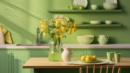 Fragment of modern classic green kitchen. Wooden dining table, vase with flowers, plate with fruit in the foreground. Shelves with crockery in the background. Contemporary home design. 3D rendering.の素材