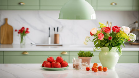 Interior of modern classic green kitchen. Marble countertop and backsplash, flowers in a vase, fresh fruits, various crockery, vintage pendant lamps. Contemporary home design. 3D rendering.の素材
