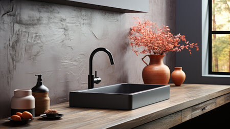 Fragment of modern loft style kitchen. Wooden countertop with black sink and black faucet, gray wall. Various crockery, jags and decorative vases. Contemporary interior design. 3D rendering.の素材