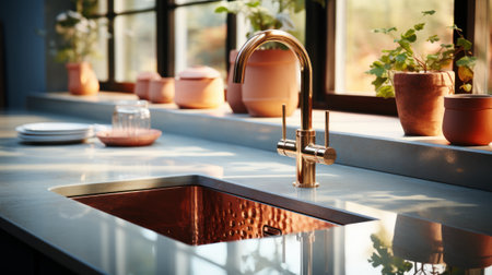 Fragment of modern classic kitchen. Gray countertop with built-in sink and gold faucet. Large window, various crockery, plants in pots. Contemporary interior design. 3D rendering.の素材