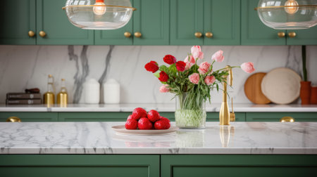 Interior of modern classic green kitchen. Marble countertop and backsplash, flowers in a vase, fresh fruits, various crockery, vintage pendant lamps. Contemporary home design. 3D rendering.の素材