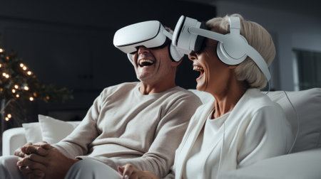 Senior mature couple wearing virtual reality headsets sits on the sofa having fun together. Happy retired people using modern VR goggle glasses. New trends and technology concept for all agesの素材