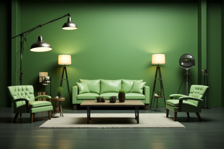 Shooting studio with professional equipment and green background. Spacious room for an interview or talk show with furniture and floor lamps. Professional studio lighting, powerful spotlightsの素材