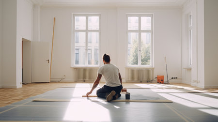 A middle-aged carpenter is repairing a wooden floor and preparing it for installation in a large, bright room. A young handsome caucasian craftsman works in a new spacious apartmentの素材