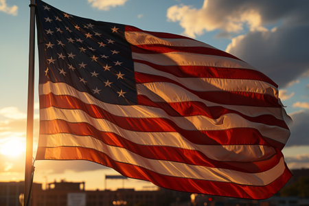 The American flag flutters beautifully at sunsetの素材
