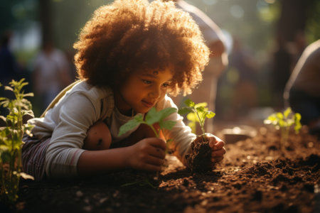 child learns to plant plants. teaching children biology, agronomy, planting, children and the world around themの素材