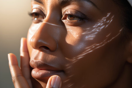 African American woman applying toner, skin cream or lotion for a healthy look. touch the fresh, moisturized skin of the face, Beauty of the skinの素材
