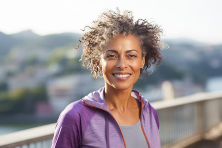 Close-up portrait of slender mature African American woman in sportswear while training outdoor. Attractive smiling black lady jogging or walking in city street. Active lifestyle in urban environmentの素材