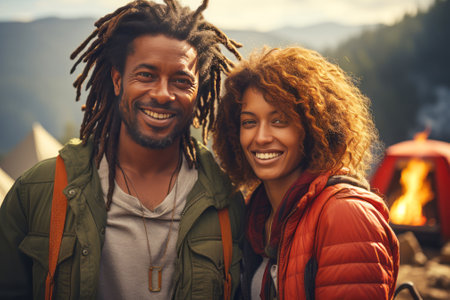 Happy African American couple in the mountains against the backdrop of a tent camp. Young international family is engaged in a mountain hike. Active lifestyle, tourism and vacation conceptの素材