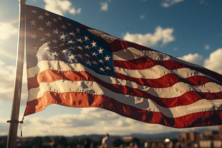 American flag on a pole flutters against the background of blue sky and cityscape. The Stars and Stripes backlit by bright sun. National pride. Independence Day 4th of July. The US main holidayの素材