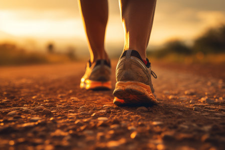 Close-up shot from behind of man's legs wearing sneakers backlit by rising sun. Athlete running along the morning city street. Everyday morning jog, healthy lifestyle in urban environmentの素材