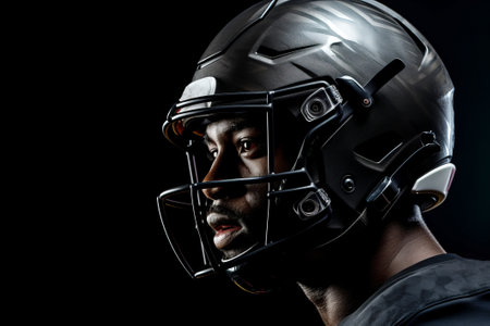 Side close-up of professional American football player in black jersey. Determined, powerful, skilled African American athlete wearing helmet with protective mask. Isolated in black backgroundの素材