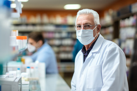 Mature Caucasian male pharmacist wearing glasses and protective mask consulting customers at the counter in pharmacy. Experienced confident professional in workplace. Healthcare and hygiene conceptの素材