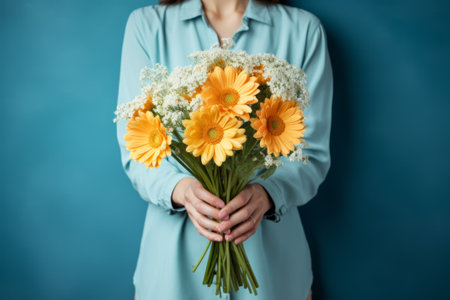 beautiful african american woman with bright flowers near her face, smelling the scent of flowers smiling, bright turquoise background.の素材