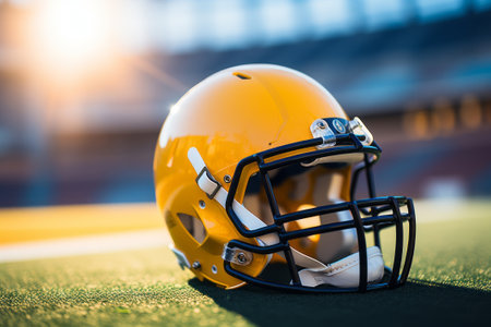 yellow helmet for the prince of football against the backdrop of a green grassy field near the white line. College rugby practice. Copy space.の素材