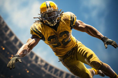 American football player catches the ball in a jump on the stadium field in bright sunny weather.の素材