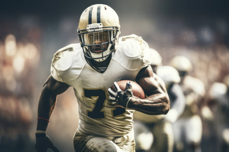 American football player with ball close-up in action in stadium under background light. Athletic, proud football player in a helmet and T-shirt is ready to playの素材