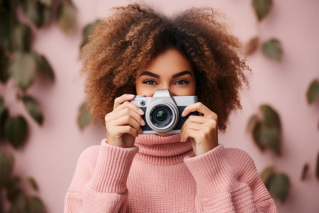 girl photographer holding a camera in her hands on a pink background with an afro hairstyle.の素材