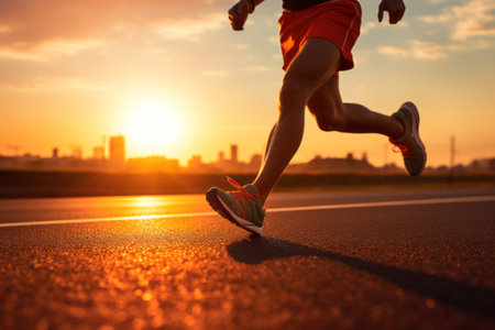 Close-up low angle shot of man's legs wearing sneakers backlit by rising sun. Athlete running along the morning city street. Everyday morning jog, healthy lifestyle in urban environmentの素材