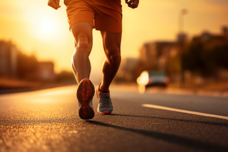 Close-up low angle shot of man's legs wearing sneakers backlit by rising sun. Athlete running along the morning city street. Everyday morning jog, healthy lifestyle in urban environmentの素材