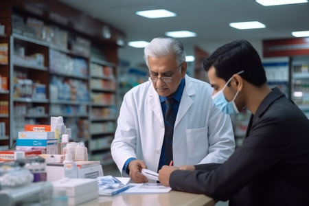 Portrait of mature African American male pharmacist wearing glasses advising customer among shelves in pharmacy. Experienced confident professional in workplace. Healthcare and hygiene conceptの素材