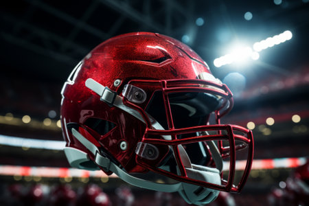 Close-up shot of American football helmet lying on green field of football stadium. Protective helmet with wire mask is an important element of a football player's equipment. Blurred backgroundの素材