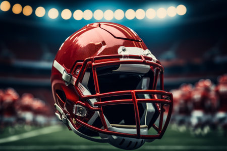 Close-up shot of American football helmet lying on green field of football stadium. Protective helmet with wire mask is an important element of a football player's equipment. Blurred backgroundの素材