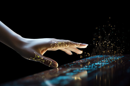 Futuristic abstract image of human hand touching an information digital environment. Hand permeated with digital impulses, in contact with virtual technologies. AI, metaverse, digitalization conceptの素材
