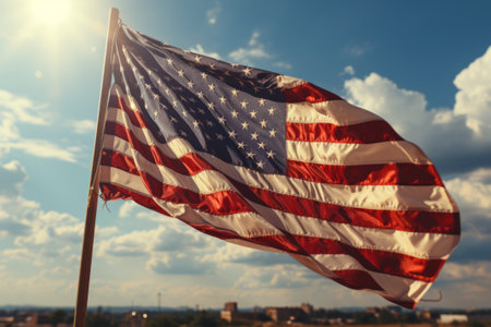 American flag on a pole flutters against the background of blue sky and cityscape. The Stars and Stripes backlit by bright sun. National pride. Independence Day 4th of July. The US main holidayの素材