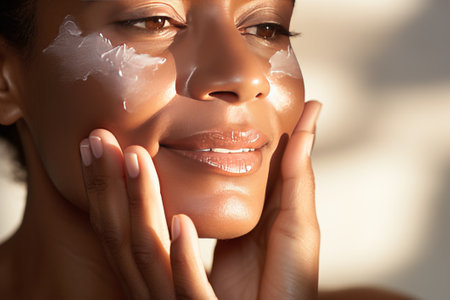 Close-up of middle-aged African American woman touching her face to apply moisturizer. Smiling face of adult colored lady with daily cream, facial cosmetics. Skin care concept. Monochrome backgroundの素材