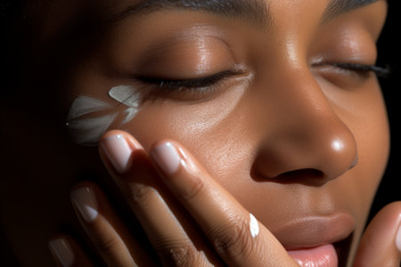 Close-up of middle-aged African American woman touching her face to apply moisturizer. Smiling face of adult colored lady with daily cream, facial cosmetics. Skin care concept. Black backgroundの素材