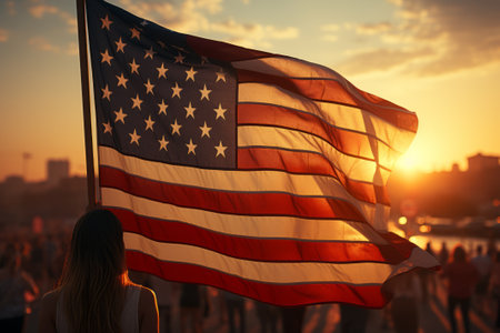 American flag fluttering above the crowd of people marching in the city street. American symbol illuminated by bright sun. 4th of July Independence Day concept. The main holiday of the USAの素材