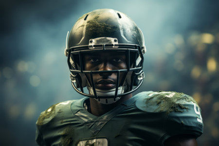 Portrait of an American football player of African descent in green uniform and helmet on a field looks at the cameraの素材